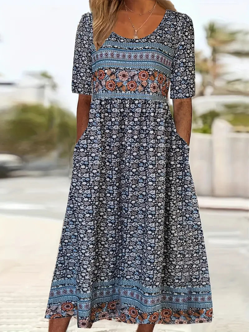 Abigail | Women's Boho Printed Square Neck Short Sleeve Midi Dress