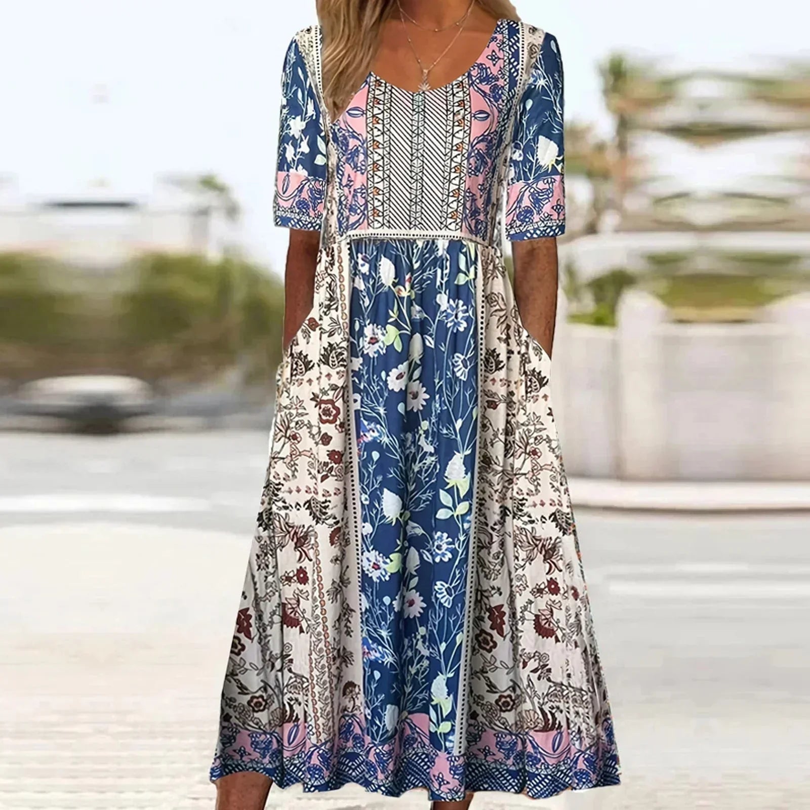 Abigail | Women's Boho Printed Square Neck Short Sleeve Midi Dress