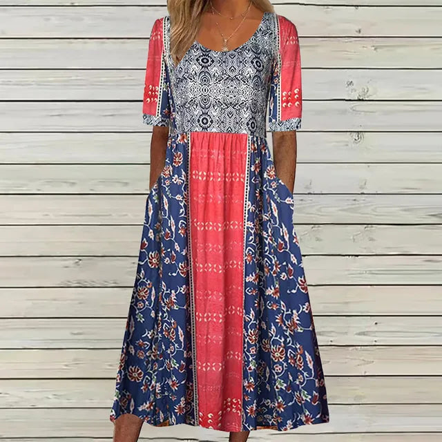 Abigail | Women's Boho Printed Square Neck Short Sleeve Midi Dress