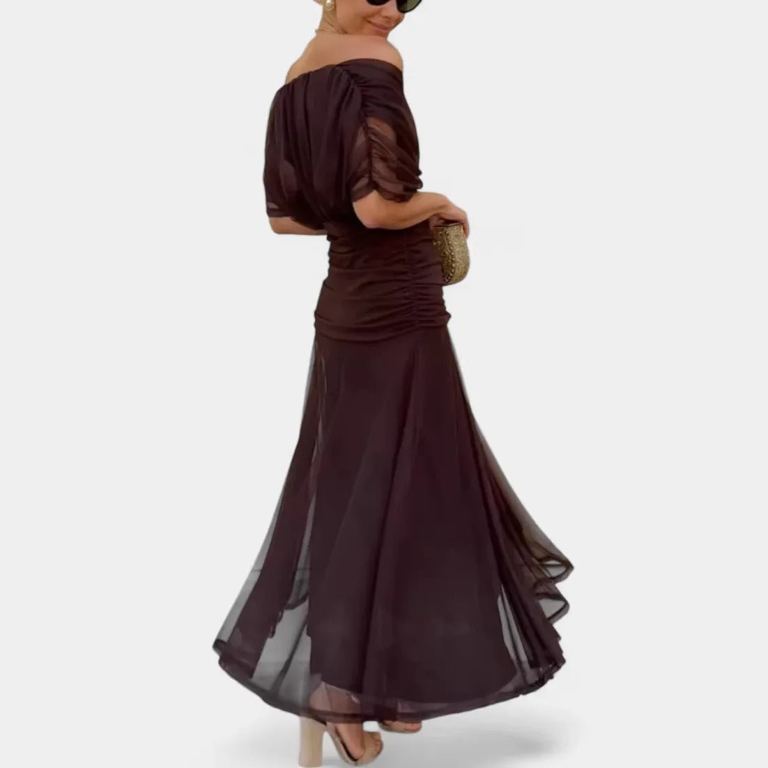 Madison | Chiffon Off-Shoulder Midi Dress Ruched Twist Front