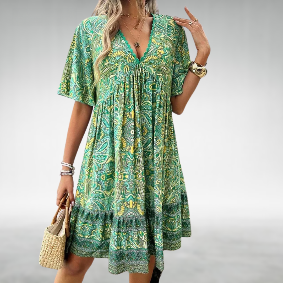 Mabel | Women's Boho Printed V Neck Mini Dress