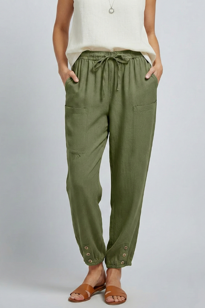Anna | Women’s Trousers with Drawstring Waist and Button Hem
