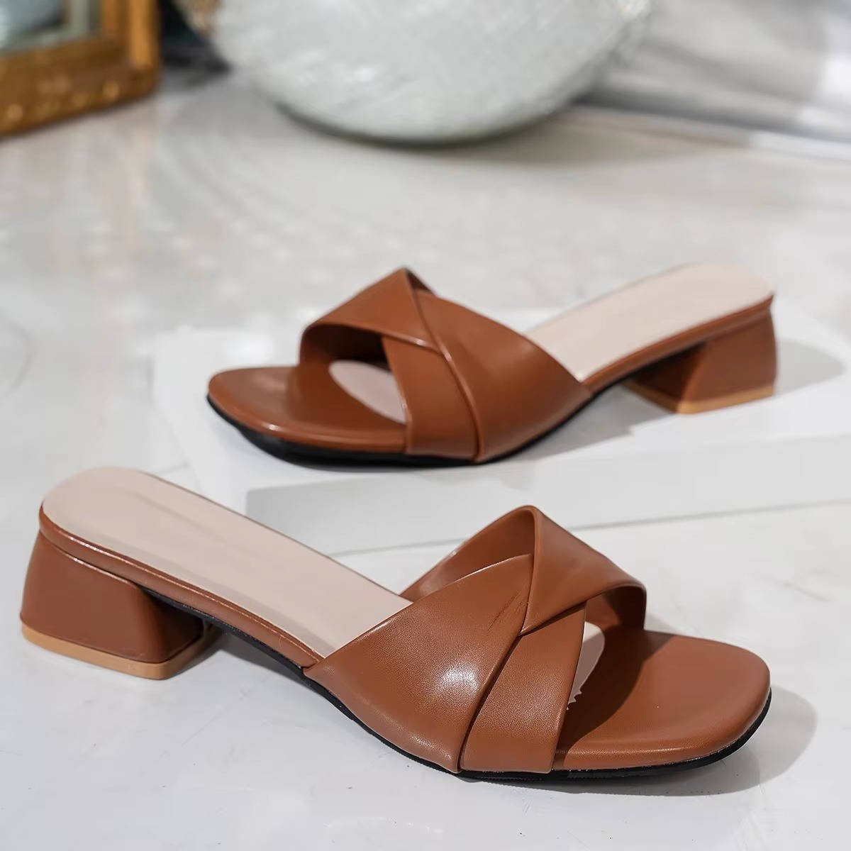 Mia | Cross-Strap Sandals Block Heel Slide Open Toe Square