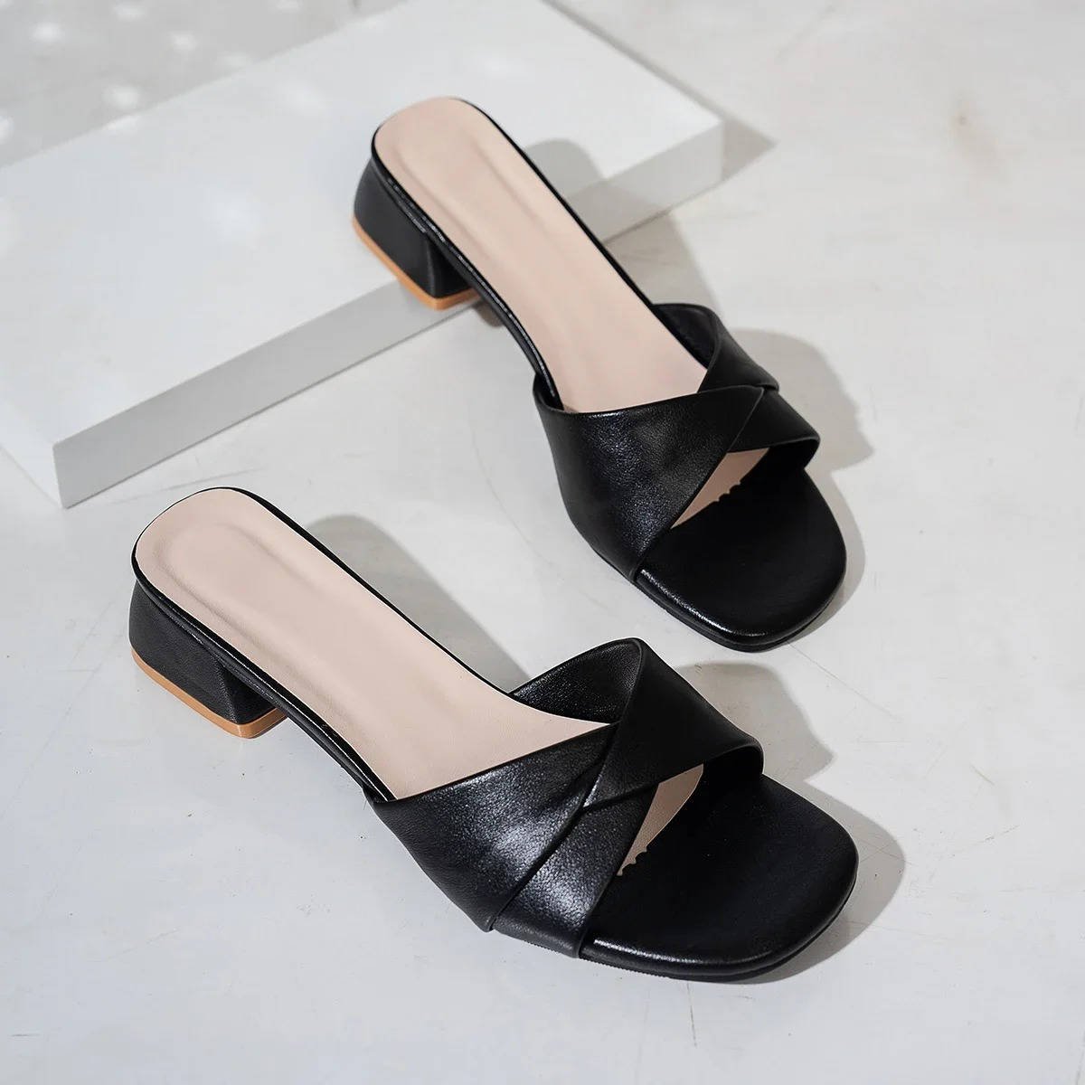 Mia | Cross-Strap Sandals Block Heel Slide Open Toe Square