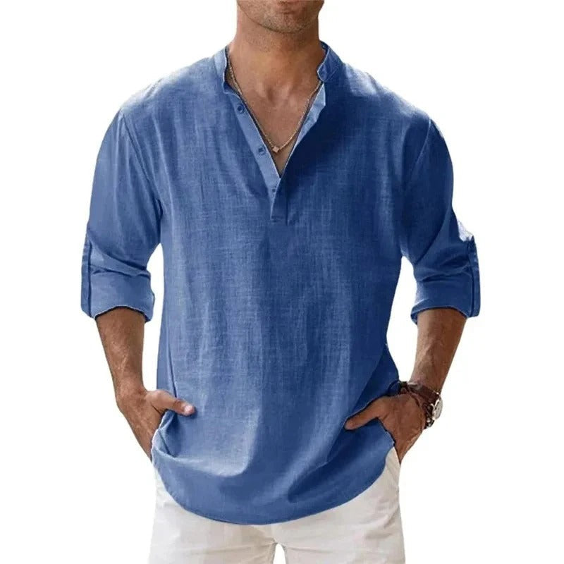 Caleb | Men's Linen Long Sleeve Grandad Collar Shirt