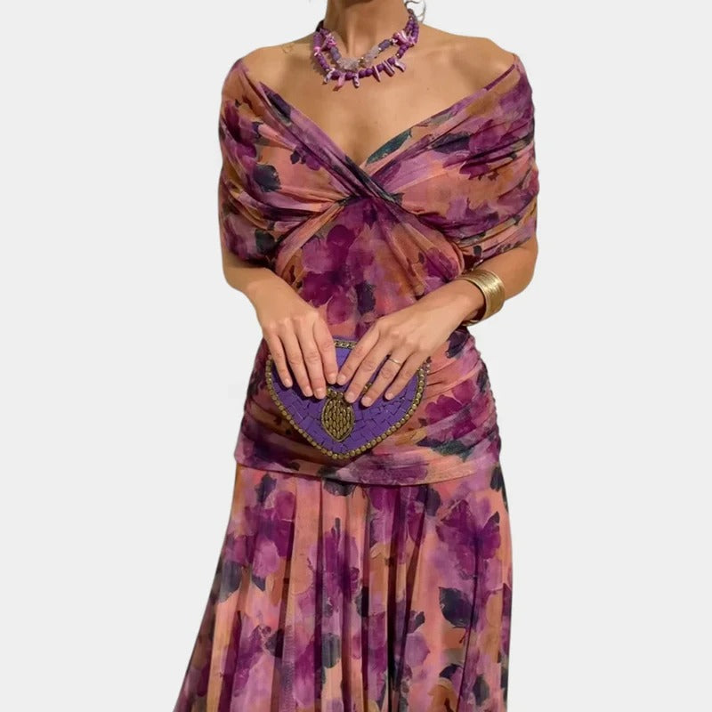 Madison | Chiffon Off-Shoulder Midi Dress Ruched Twist Front