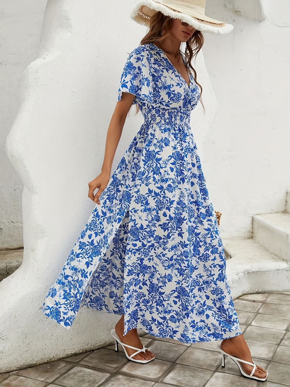 Margaret | Women's Boho Printed V Neck Short Sleeve Maxi Dress