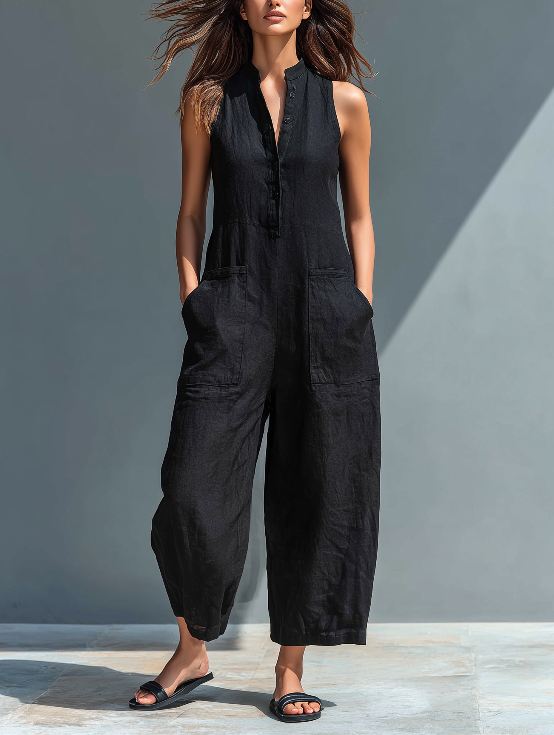Chloe | Jumpsuit Linen Blend Stand Collar Button-Up Sleeveless