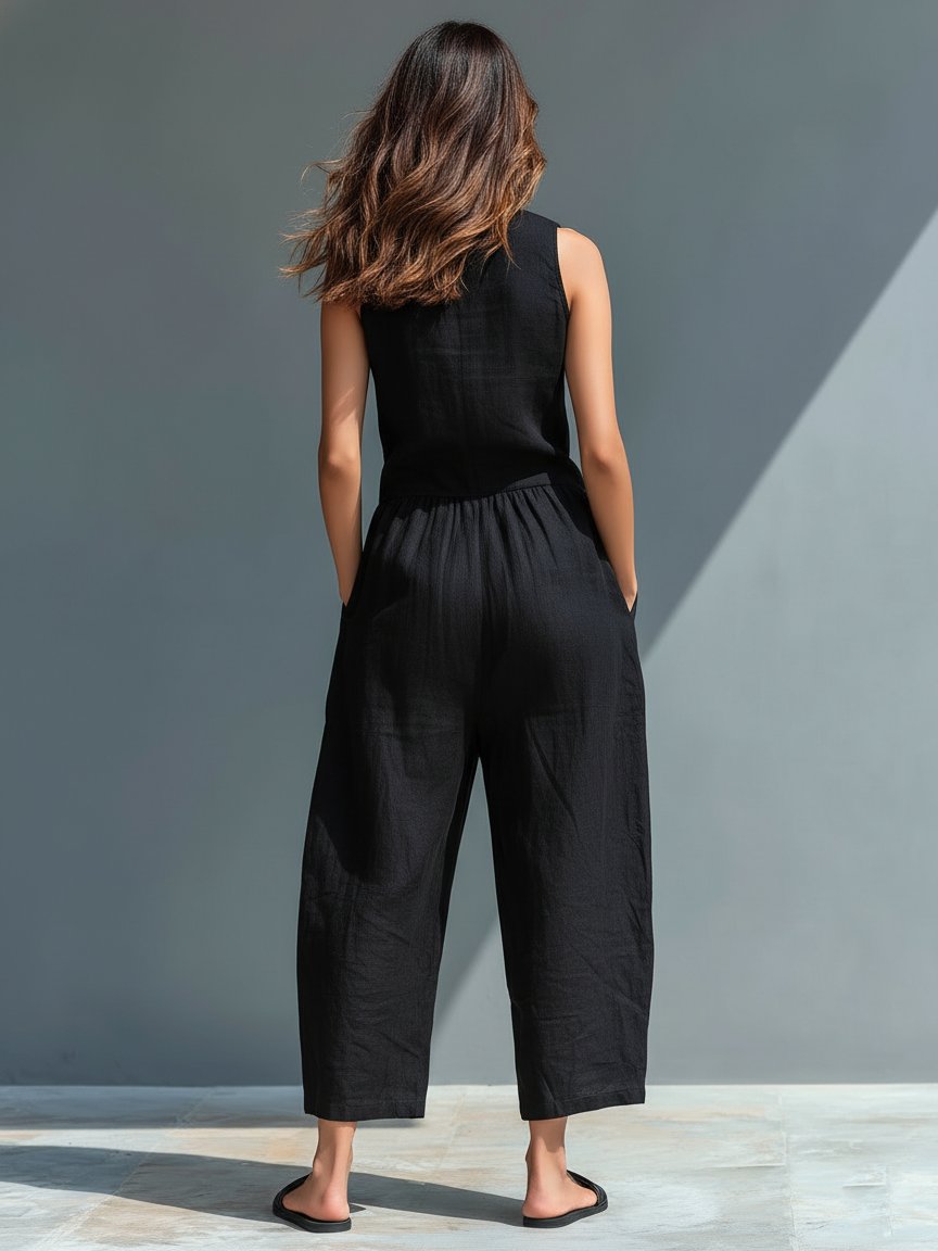 Chloe | Jumpsuit Linen Blend Stand Collar Button-Up Sleeveless