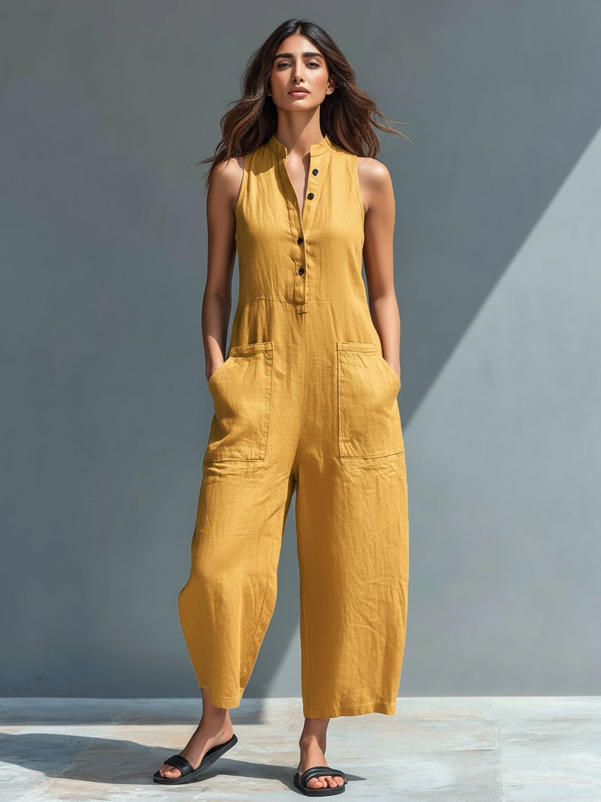 Chloe | Jumpsuit Linen Blend Stand Collar Button-Up Sleeveless