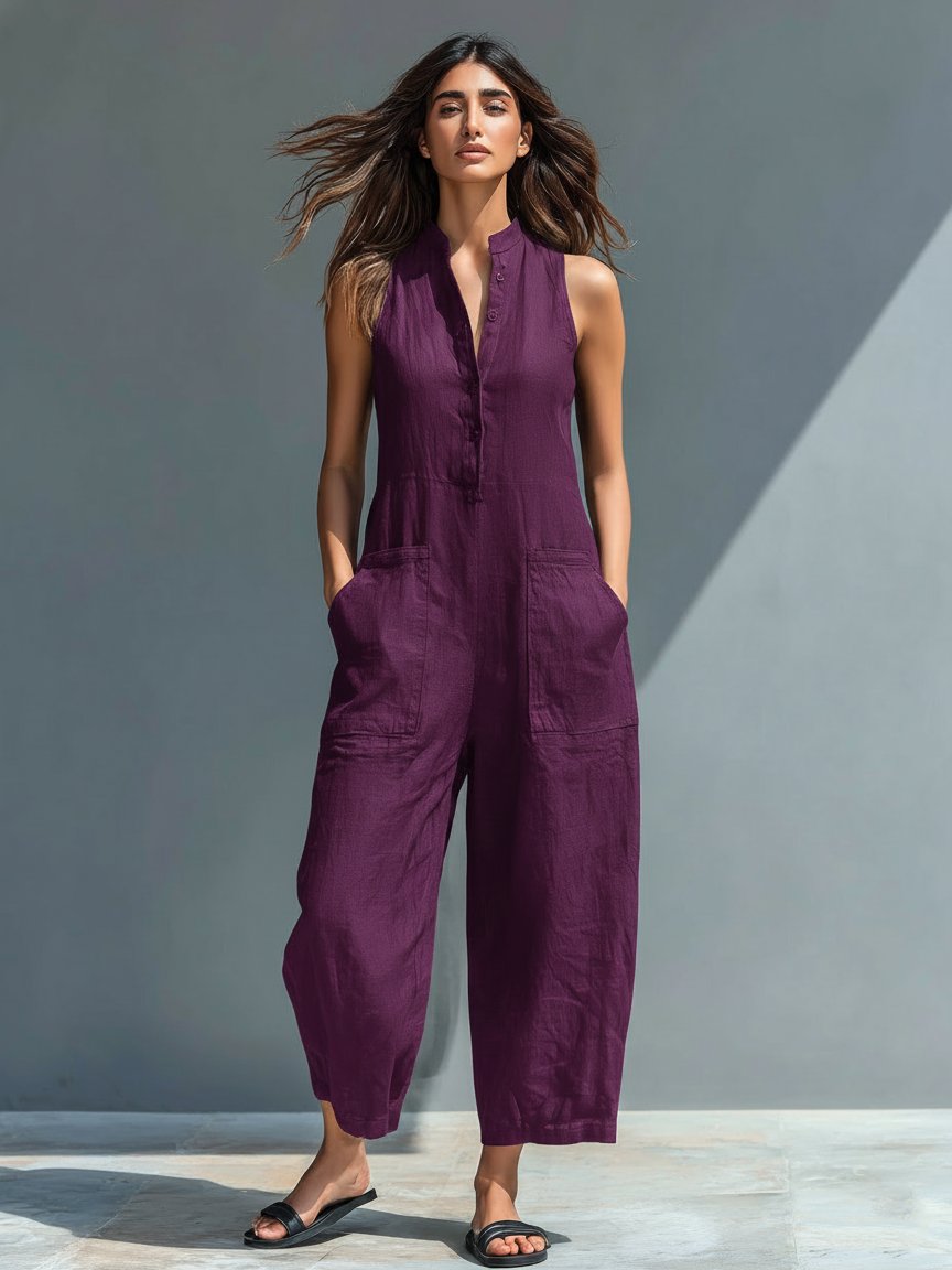 Chloe | Jumpsuit Linen Blend Stand Collar Button-Up Sleeveless