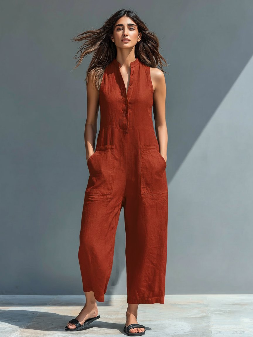 Chloe | Jumpsuit Linen Blend Stand Collar Button-Up Sleeveless