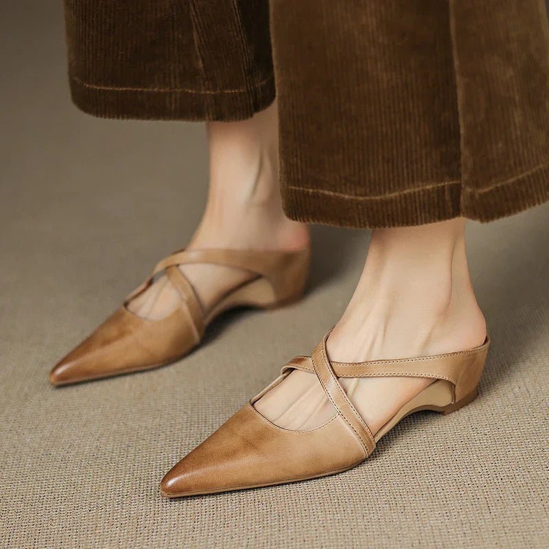 Harper | Leather Mules Cross-Strap Pointed Toe Low Heel Slip-On