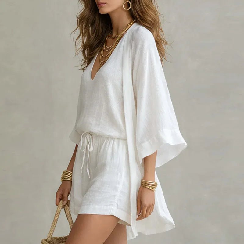 Madison | Linen 3 Piece Set V-Neck Top Drawstring Shorts Kimono