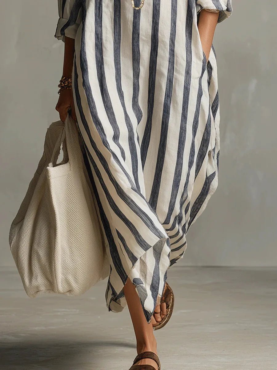 Olivia | Linen Shirt Dress V-Neck Striped Maxi Long Sleeve Loose Fit