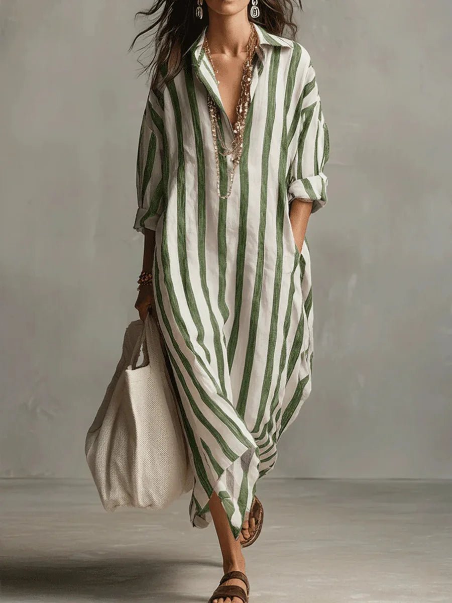 Olivia | Linen Shirt Dress V-Neck Striped Maxi Long Sleeve Loose Fit