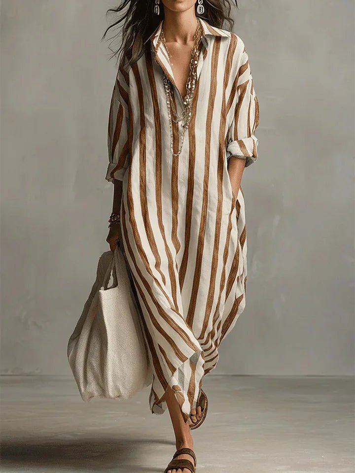 Olivia | Linen Shirt Dress V-Neck Striped Maxi Long Sleeve Loose Fit