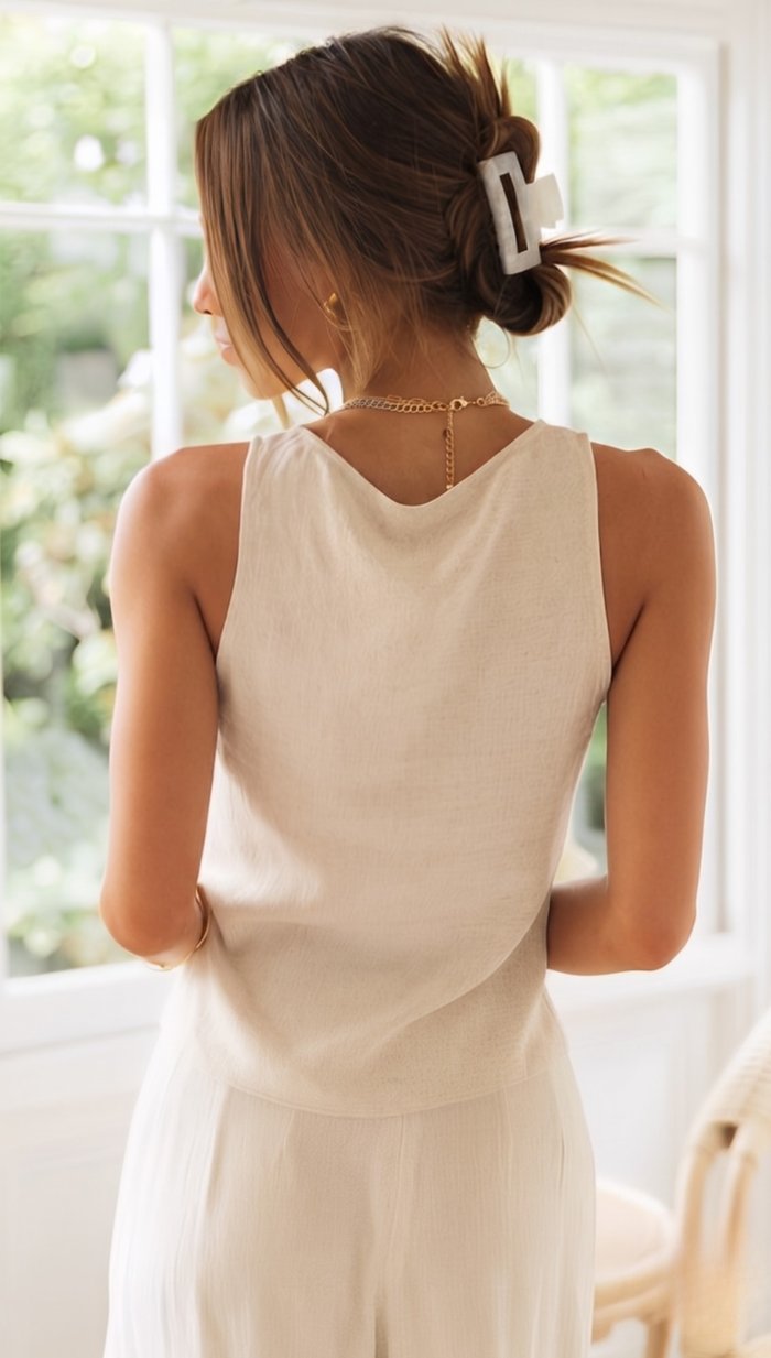 Madison | Linen Two-Piece Set V-Neck Crop Top Wide-Leg Pants