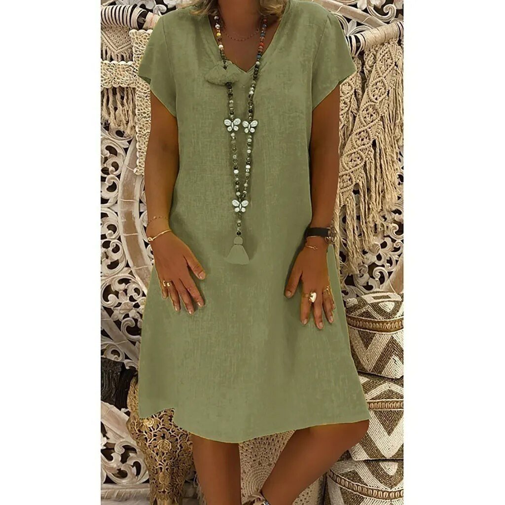 Evelyn | Linen V-Neck A-Line Mini Dress Short Sleeve Summer