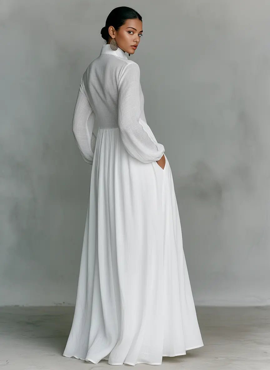 Evelyn | Maxi Dress Cotton Linen Blend Stand Collar Button Front