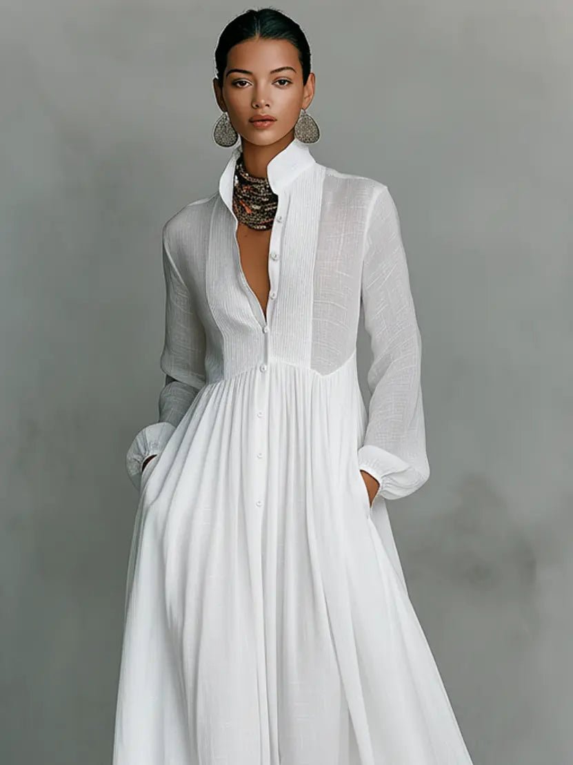 Evelyn | Maxi Dress Cotton Linen Blend Stand Collar Button Front