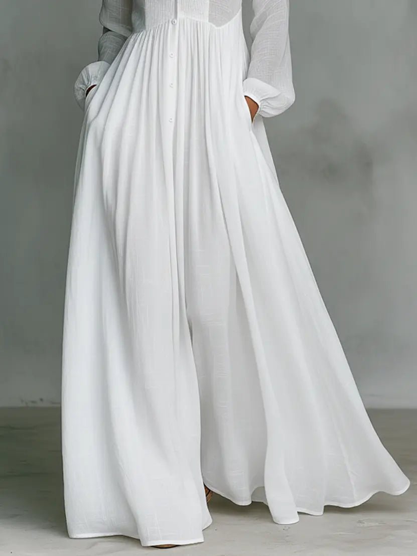 Evelyn | Maxi Dress Cotton Linen Blend Stand Collar Button Front