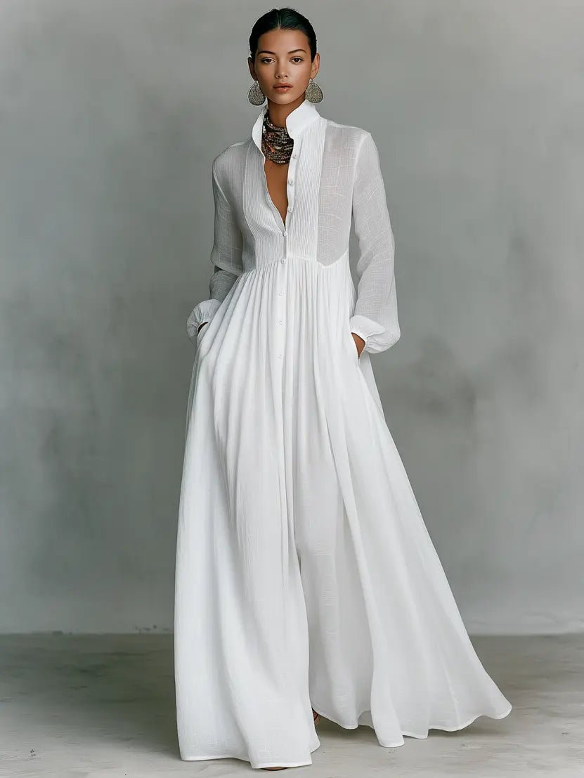 Evelyn | Maxi Dress Cotton Linen Blend Stand Collar Button Front