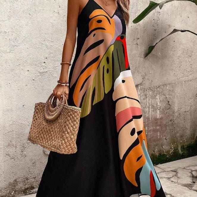 Scarlett | Maxi Dress Tropical Leaf Print V-Neck Sleeveless