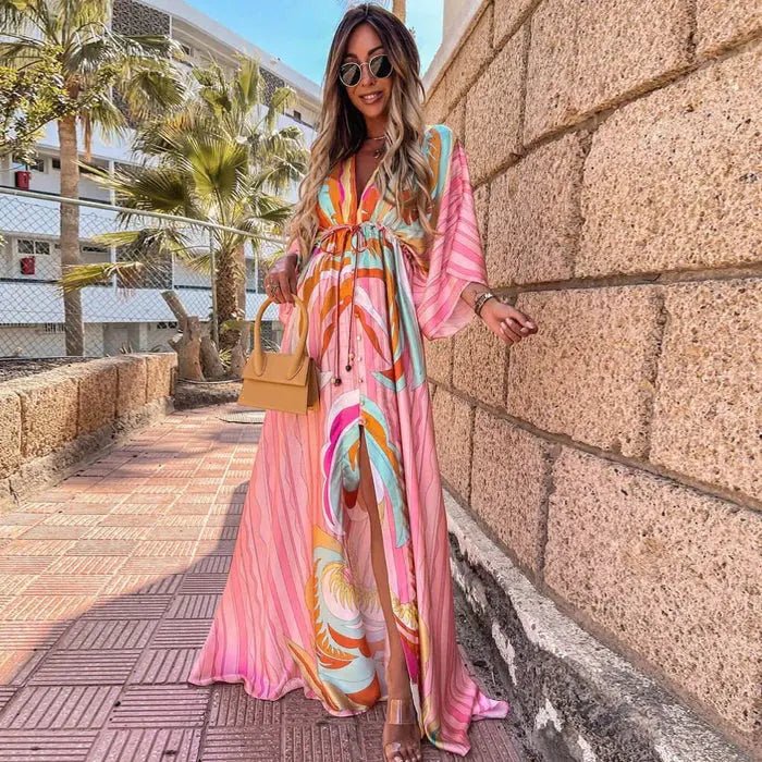 Mia | Maxi Dress V-Neck Kimono Sleeve Abstract Print Split