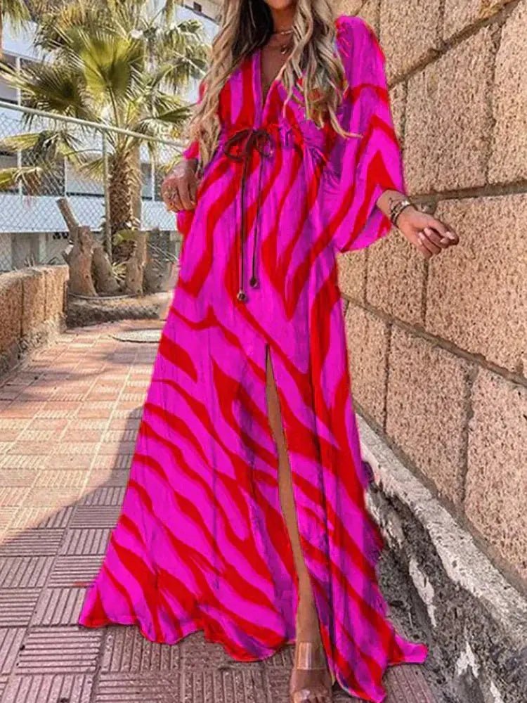 Mia | Maxi Dress V-Neck Kimono Sleeve Abstract Print Split