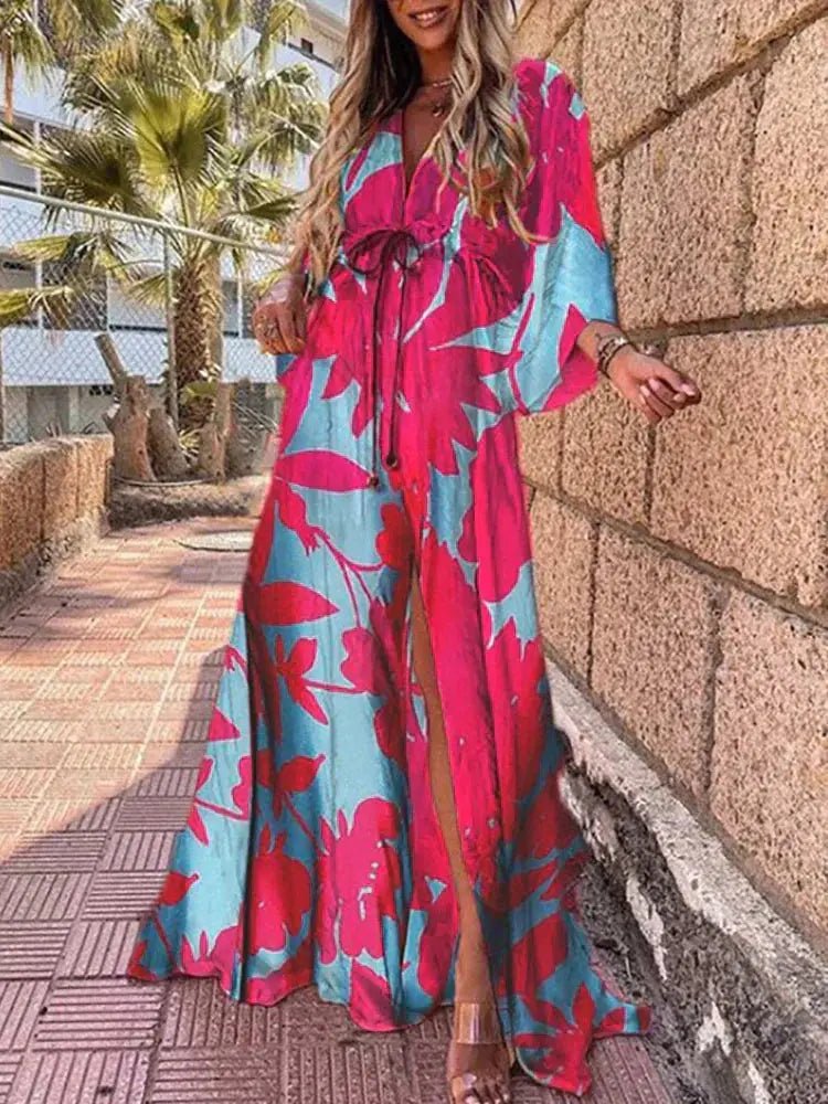Mia | Maxi Dress V-Neck Kimono Sleeve Abstract Print Split