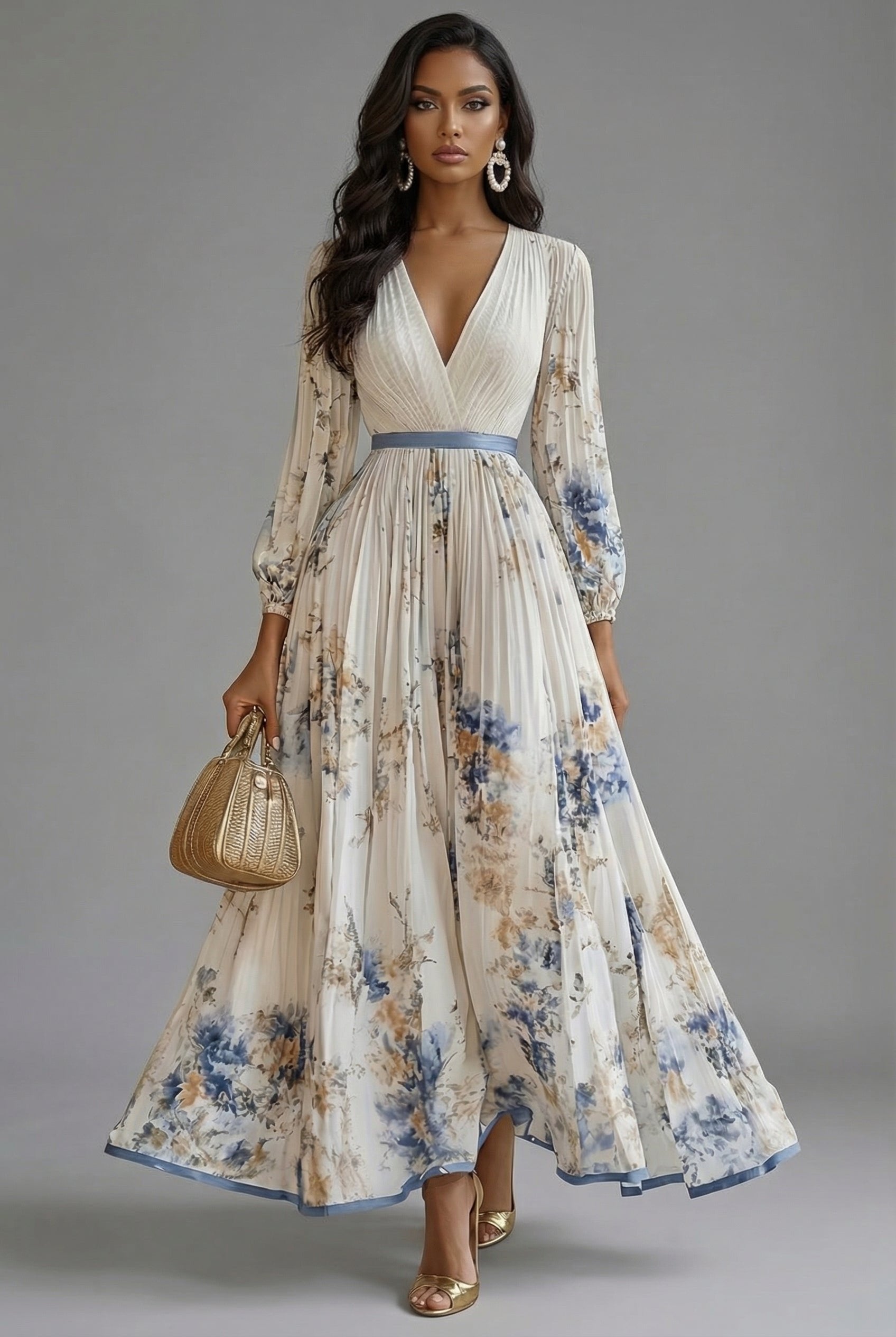 Evelyn | Maxi Dress V-Neck Long Sleeve Pleated Floral Print