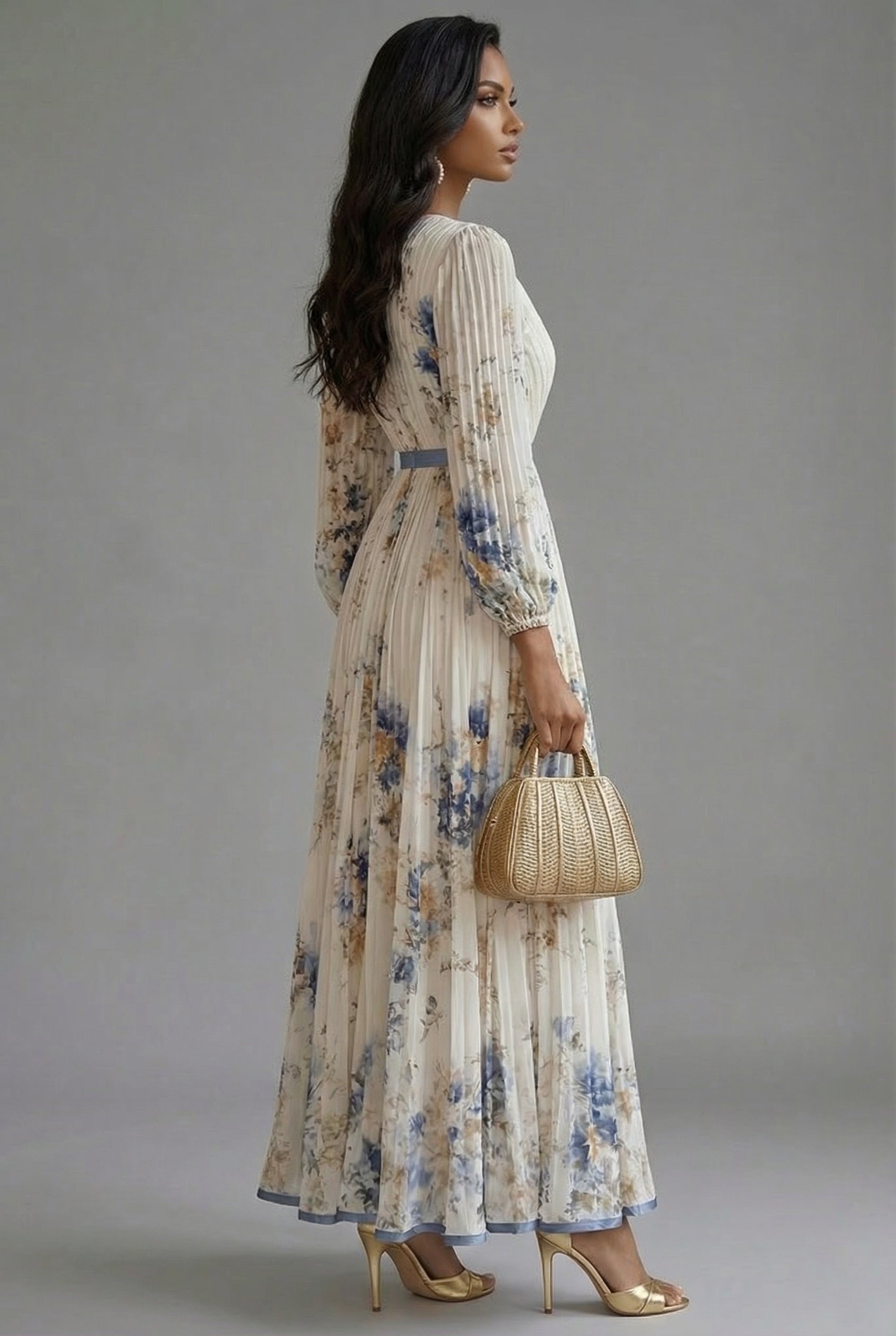 Evelyn | Maxi Dress V-Neck Long Sleeve Pleated Floral Print