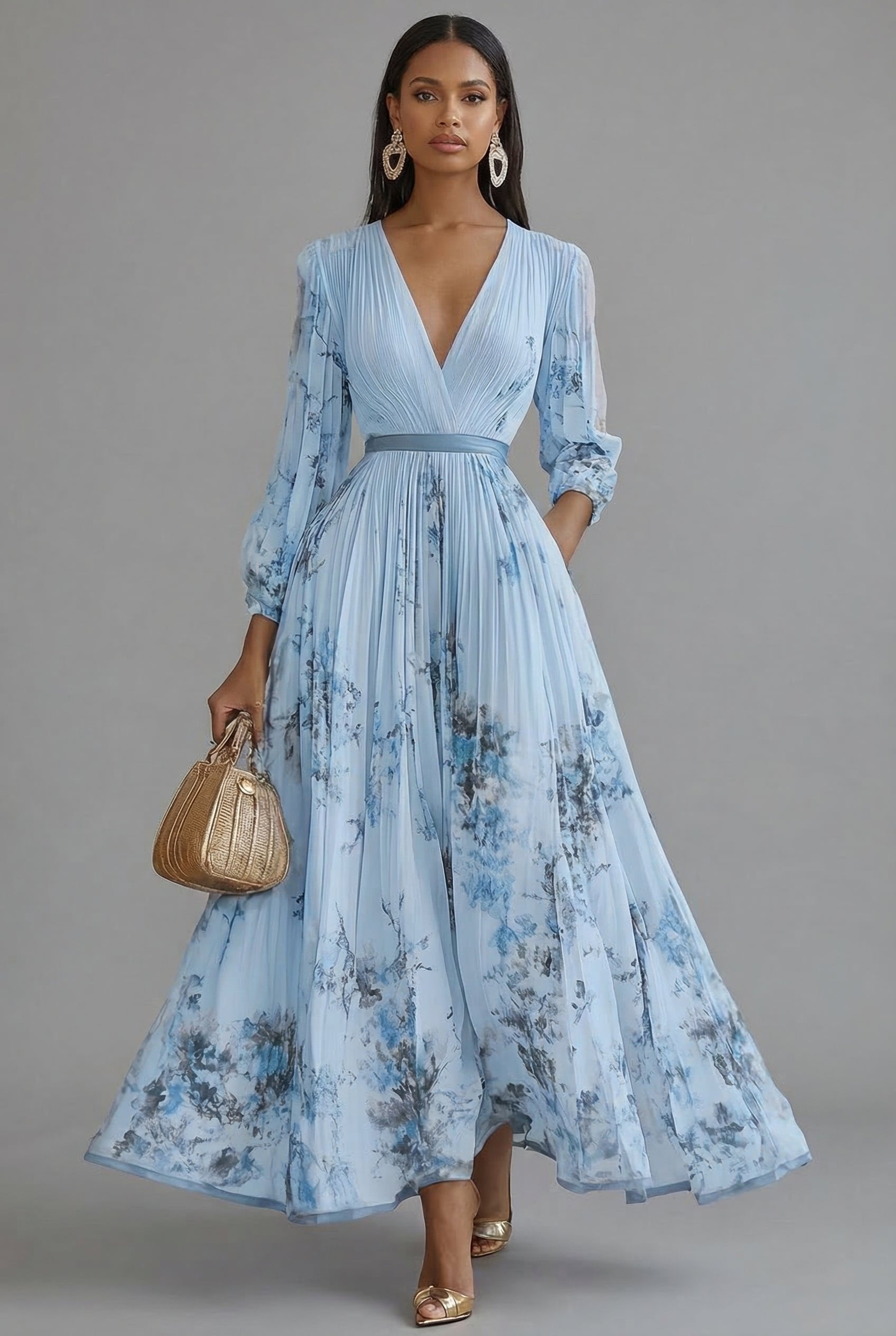 Evelyn | Maxi Dress V-Neck Long Sleeve Pleated Floral Print