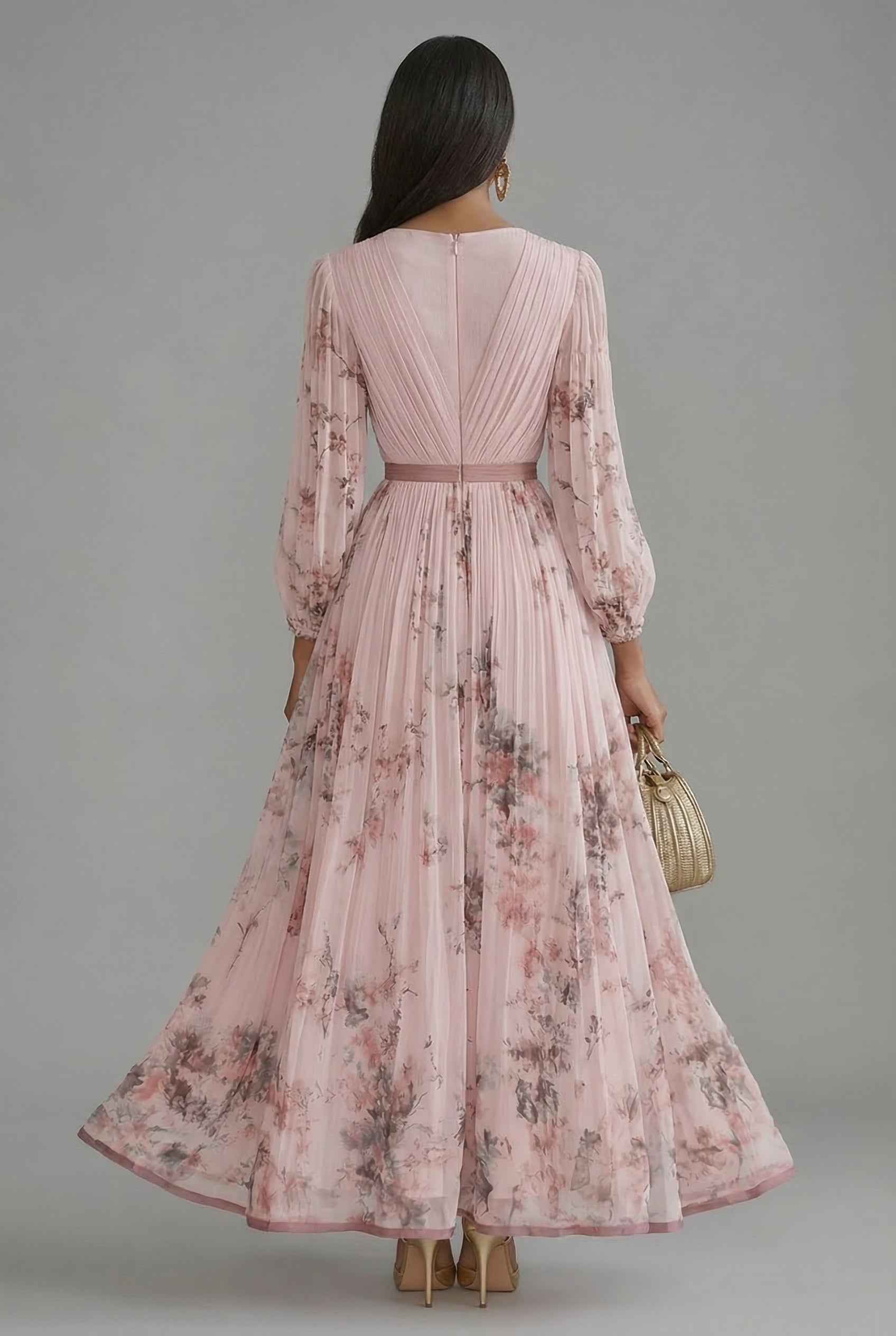 Evelyn | Maxi Dress V-Neck Long Sleeve Pleated Floral Print