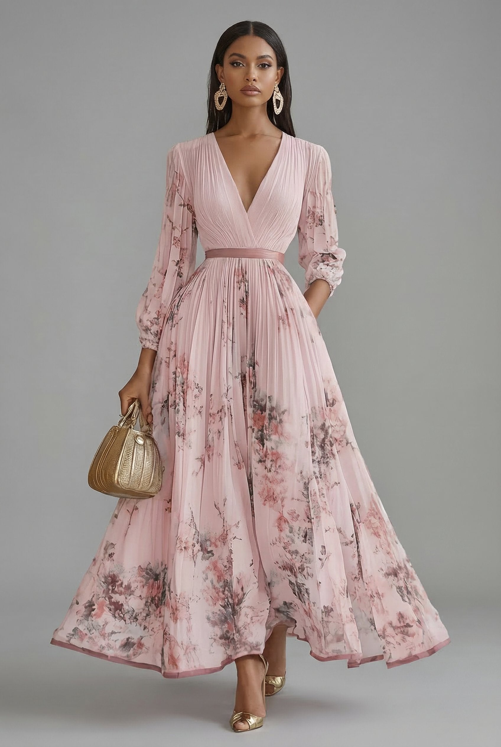 Evelyn | Maxi Dress V-Neck Long Sleeve Pleated Floral Print