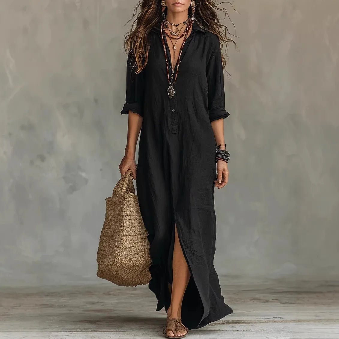 Chloe | Maxi Shirt Dress Three Quarter Sleeves Linen Cotton Loose