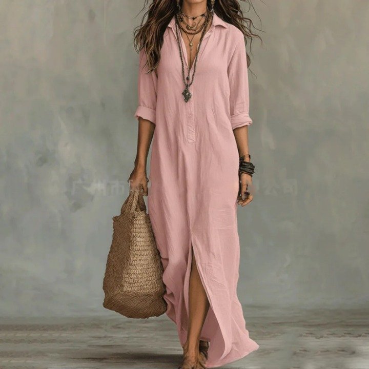 Chloe | Maxi Shirt Dress Three Quarter Sleeves Linen Cotton Loose