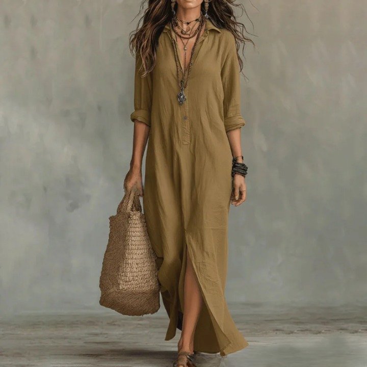 Chloe | Maxi Shirt Dress Three Quarter Sleeves Linen Cotton Loose