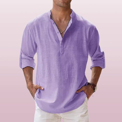 Caleb | Men's Linen Long Sleeve Grandad Collar Shirt