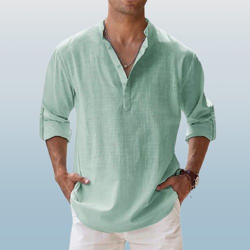 Caleb | Men's Linen Long Sleeve Grandad Collar Shirt