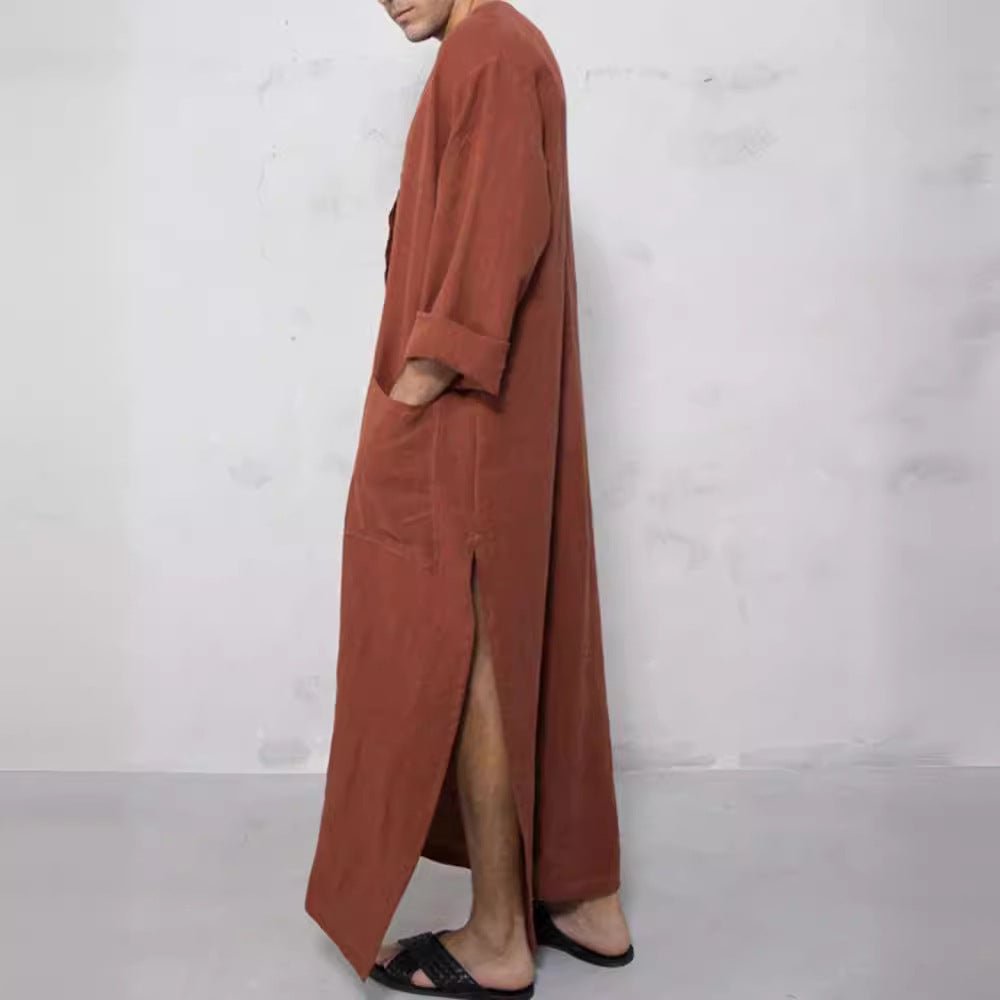 Ryan | Men's Relaxed-Fit Maxi Linen Kaftan Tunic Stand-Collar Button Placket