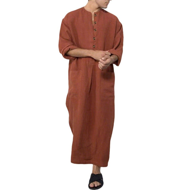 Ryan | Men's Relaxed-Fit Maxi Linen Kaftan Tunic Stand-Collar Button Placket