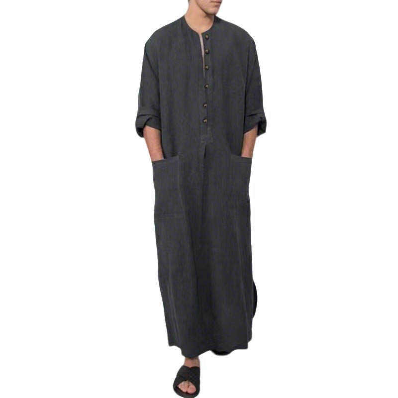 Ryan | Men's Relaxed-Fit Maxi Linen Kaftan Tunic Stand-Collar Button Placket