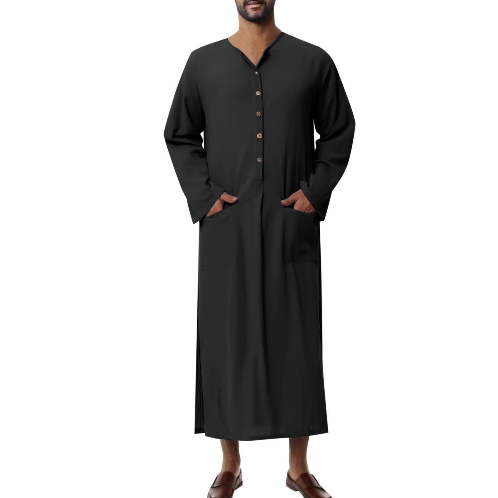 Ryan | Men's Relaxed-Fit Maxi Linen Kaftan Tunic Stand-Collar Button Placket