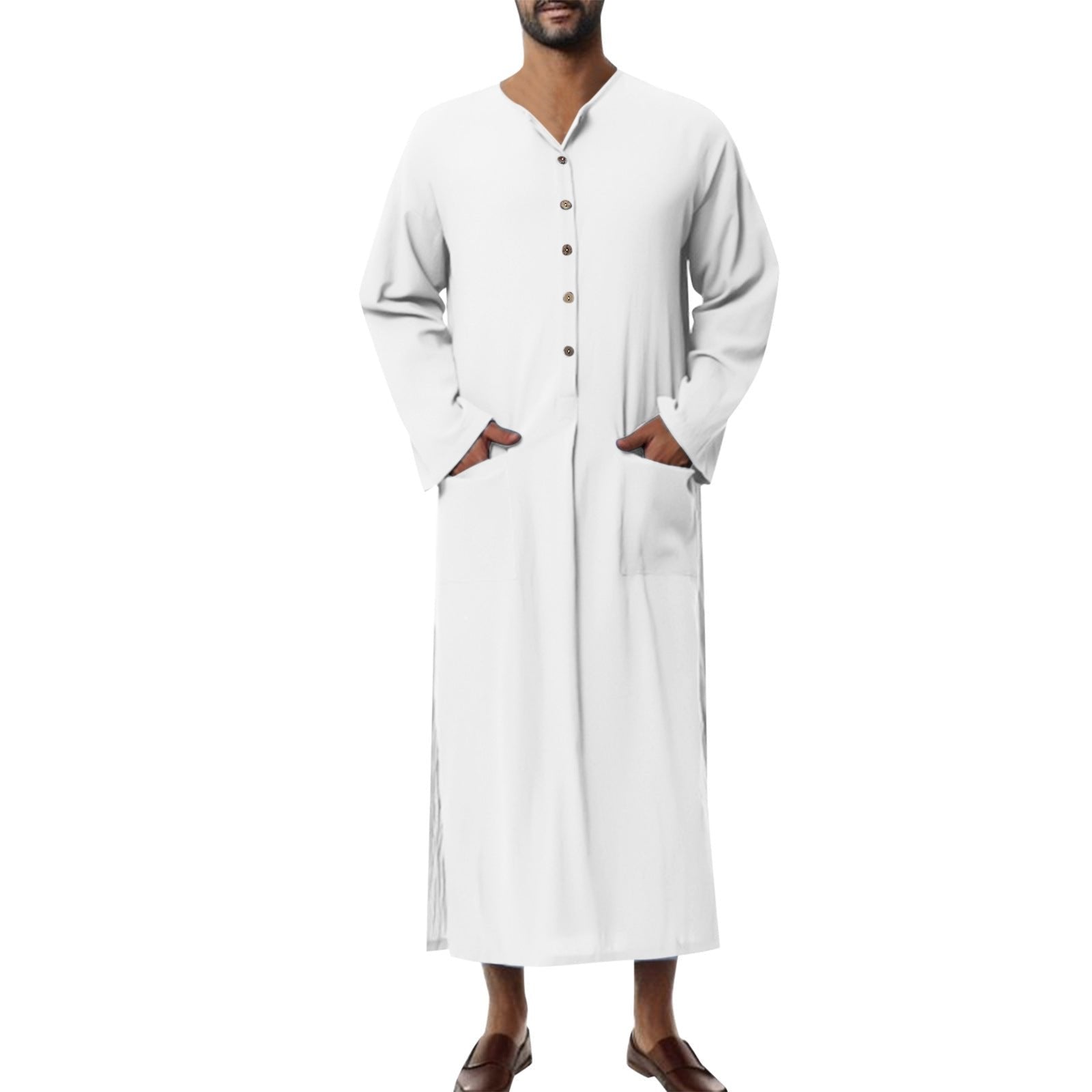 Ryan | Men's Relaxed-Fit Maxi Linen Kaftan Tunic Stand-Collar Button Placket