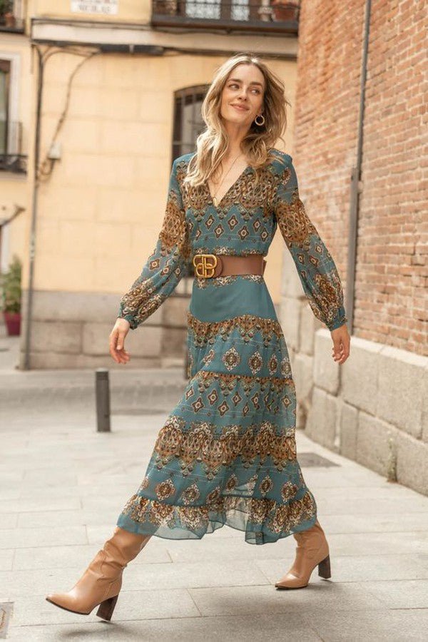 Evelyn | Midi Dress Boho Medallion Print Puff Sleeves Tiered