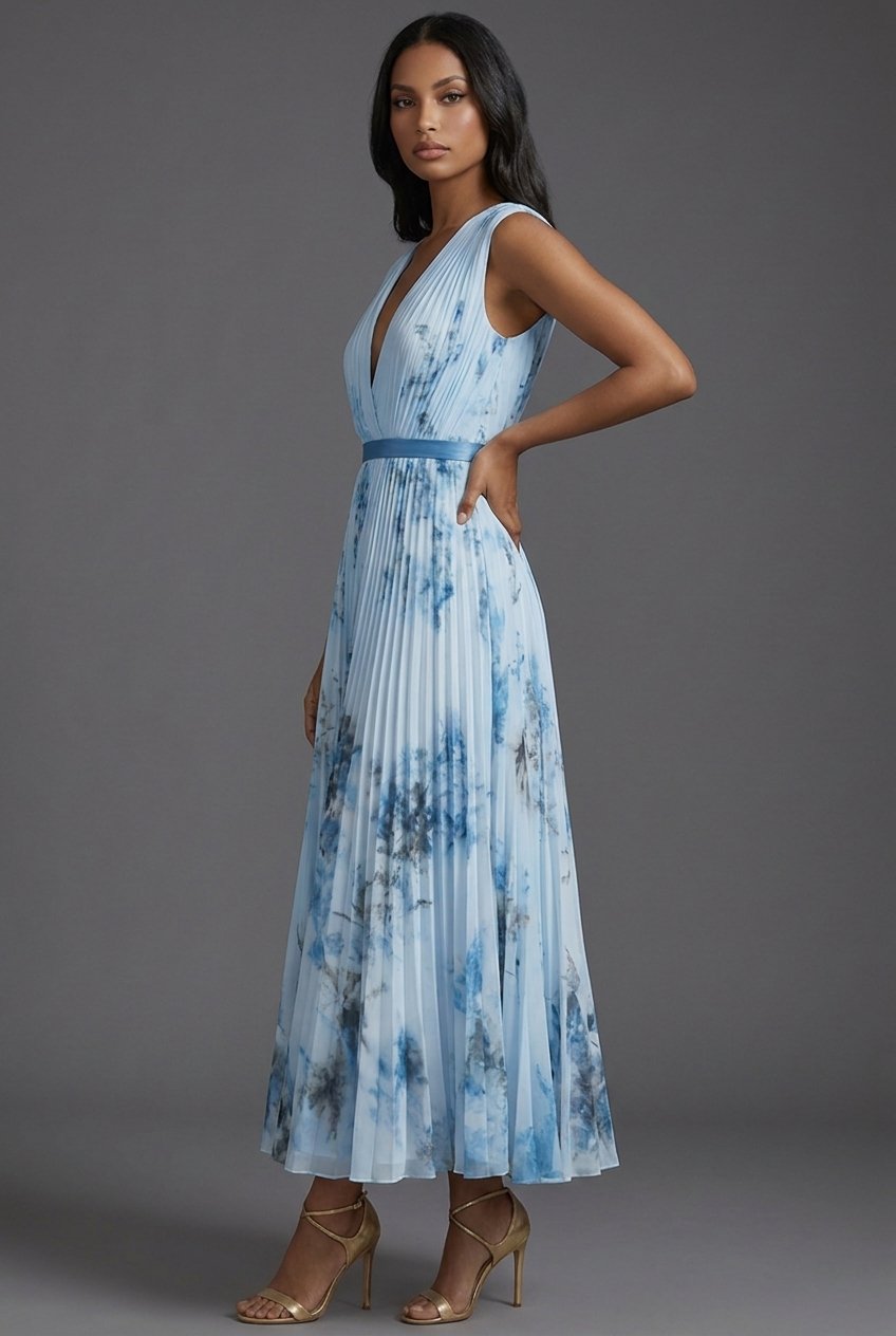 Luna | Mother of the Bride Dress Pleated Floral V-Neck Midi