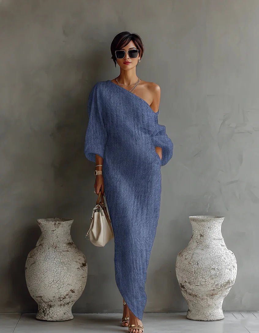Evelyn | One Shoulder Linen Maxi Dress Asymmetrical Relaxed Fit