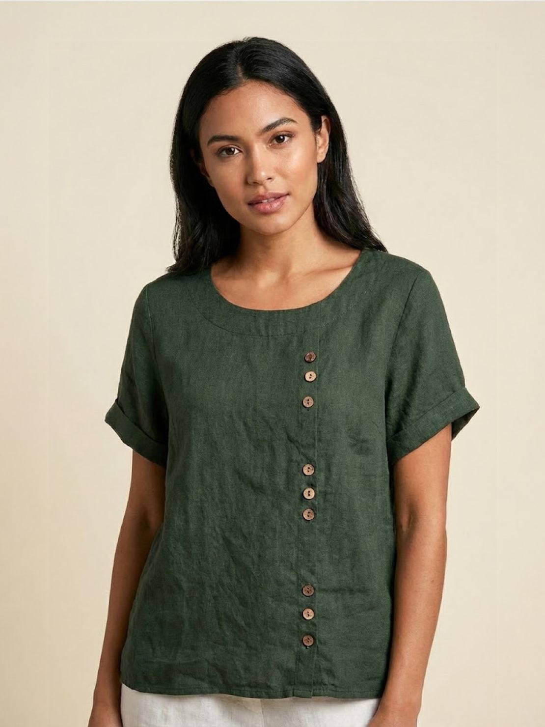 Taylor | Women’s Linen Round Neck Button Blouse